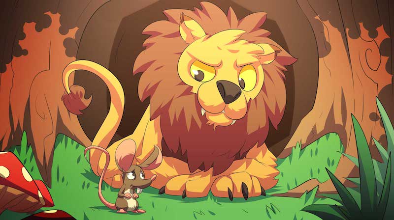A scared mouse talking to a lion in the middle of the jungle