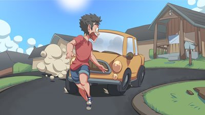 A scared man being chased by a car