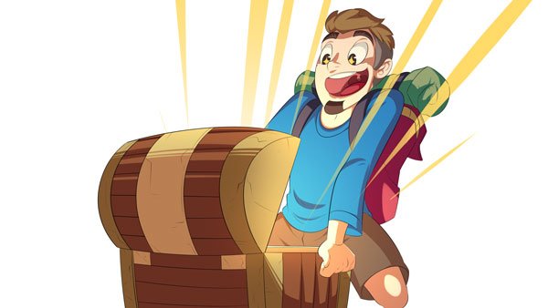 Man opening a treasure chest full of gold.