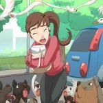 Cartoon drawing of a woman being chased by seagulls and dogs