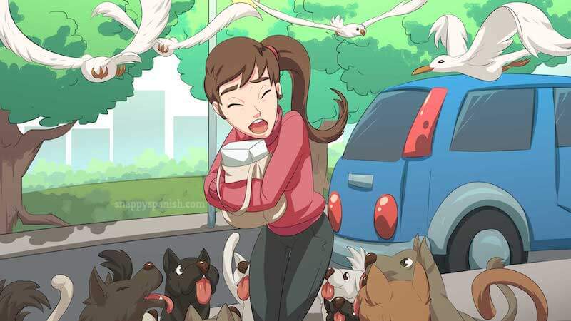 Cartoon drawing of a woman being chased by seagulls and dogs