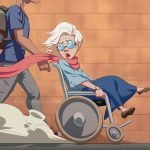 Drawing of a young man pushing a woman in a wheelchair for free online beginner Spanish short story