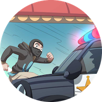 A man wearing a balaclava running away from a police car