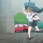 A woman running in the city trying to get out of the rain.