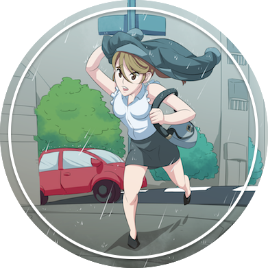A business woman running in the rain in a city