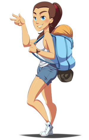 Snappy Spanish female character smiling while carrying a backpack