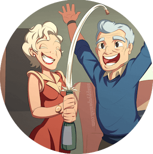 An older couple celebrating with a bottle of champagne